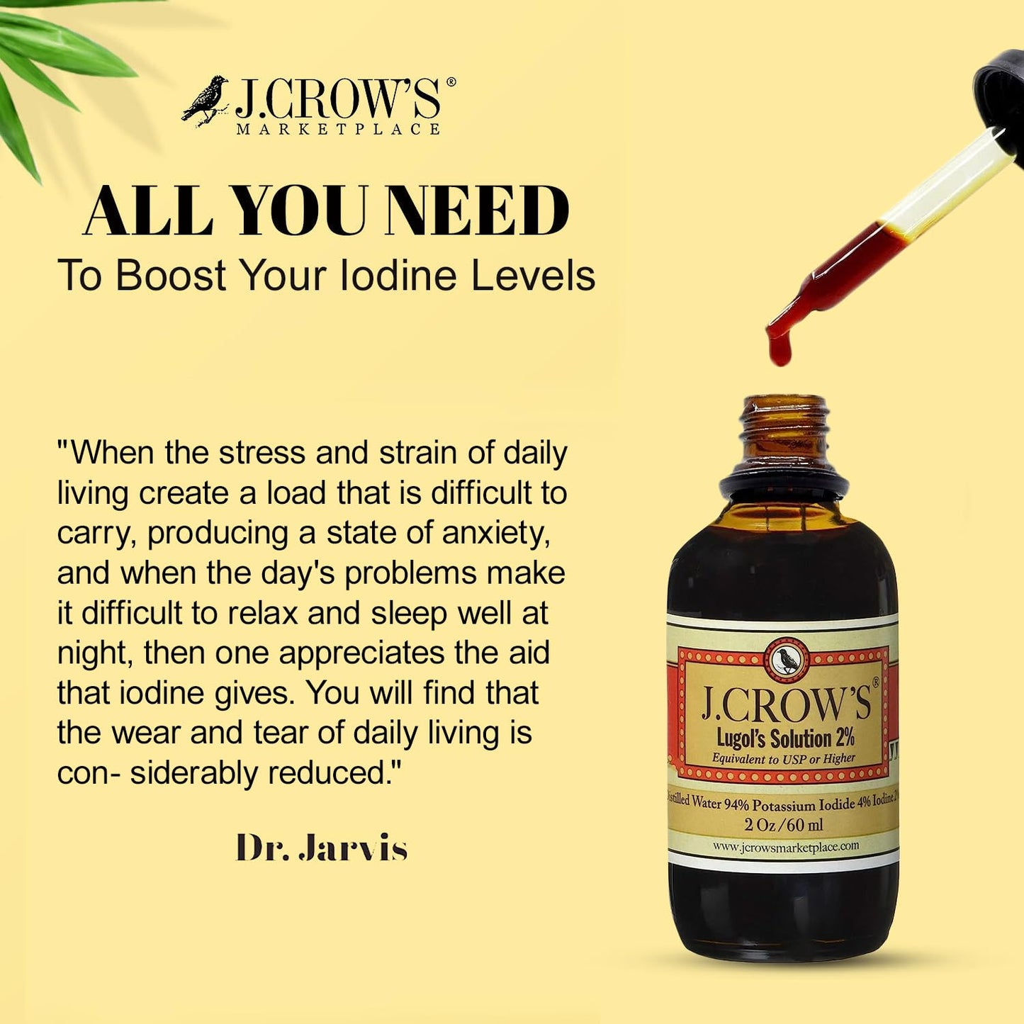 J.CROW'S Lugol's Iodine 2% Solution – 2 oz, Premium Iodine & Potassium Iodide, Gluten & Alcohol-Free, No Expiration