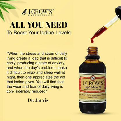 J.CROW'S Lugol's Iodine 2% Solution – 2 oz, Premium Iodine & Potassium Iodide, Gluten & Alcohol-Free, No Expiration