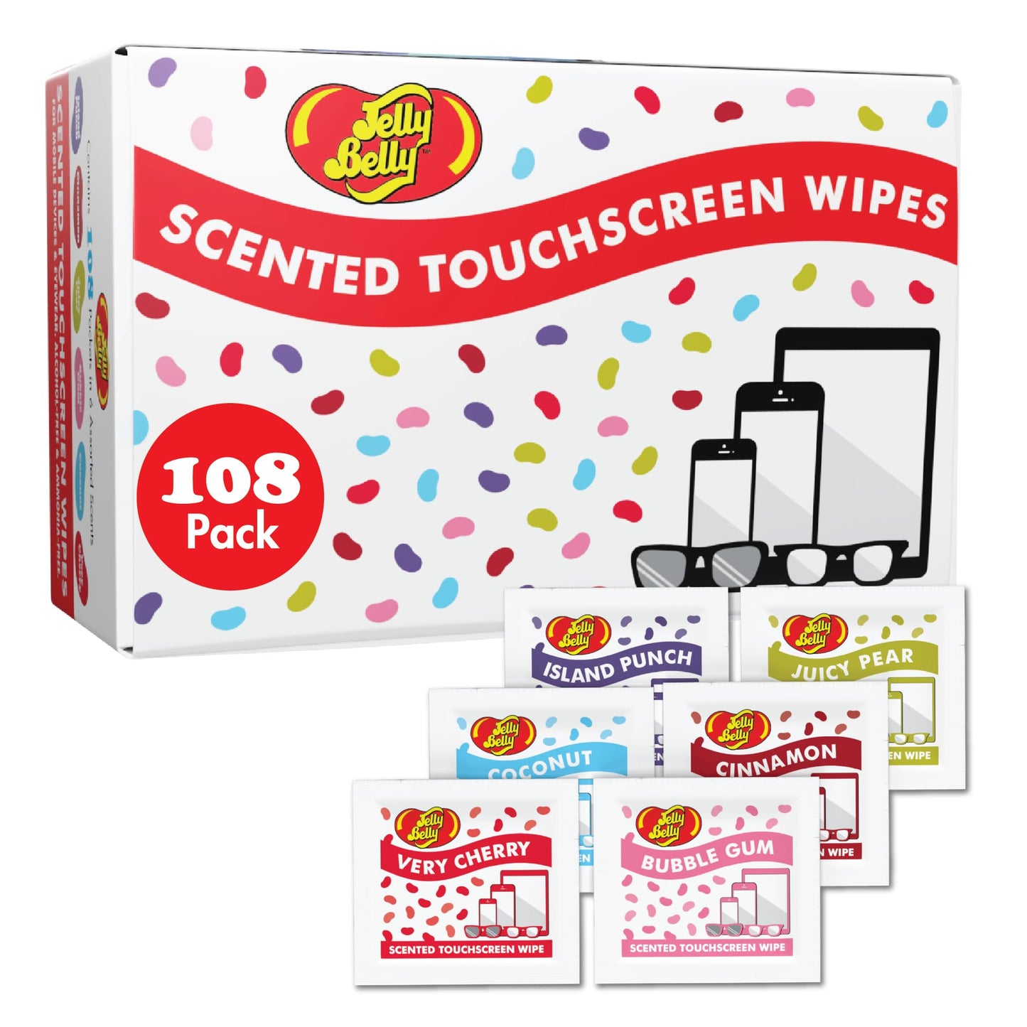 JELLY BELLY Scented Wipes – 108-Pack Glasses & Device Cleaner Wipes with 6 Scents