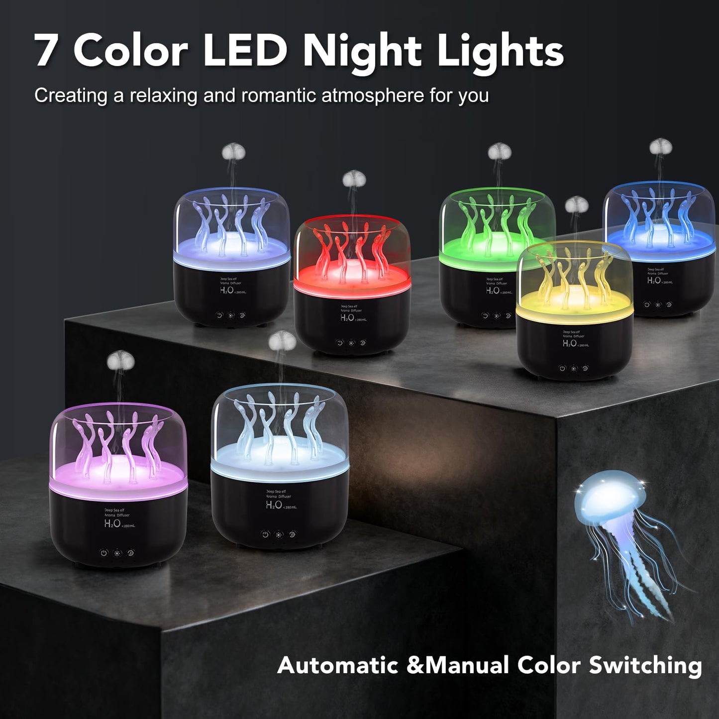 Jellyfish Humidifier Diffuser 280ml with Remote – Quiet Ultrasonic, 7-Color LED