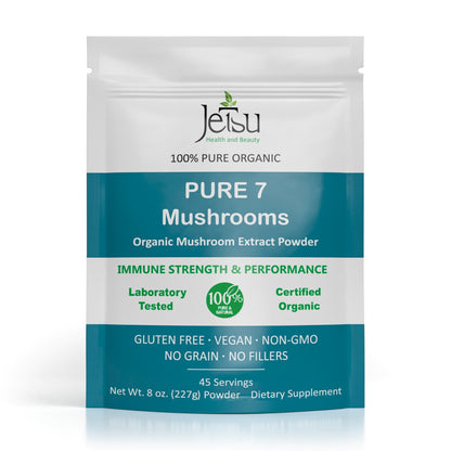 Jetsu Pure 7 Organic Mushroom Extract Powder, Chaga, Cordyceps, Lion's Mane, Maitake, Reishi, Shiitake & Turkey Tail Mushrooms Supplement, for Immune Support, Focus, Energy