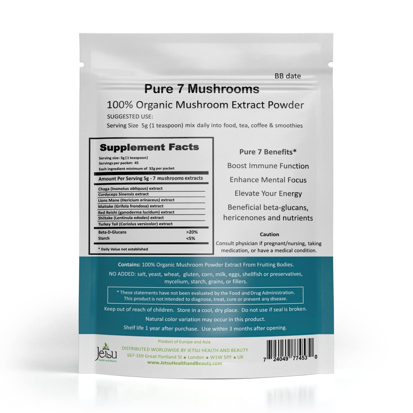 Jetsu Pure 7 Organic Mushroom Extract Powder, Chaga, Cordyceps, Lion's Mane, Maitake, Reishi, Shiitake & Turkey Tail Mushrooms Supplement, for Immune Support, Focus, Energy
