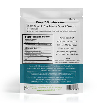 Jetsu Pure 7 Organic Mushroom Extract Powder, Chaga, Cordyceps, Lion's Mane, Maitake, Reishi, Shiitake & Turkey Tail Mushrooms Supplement, for Immune Support, Focus, Energy