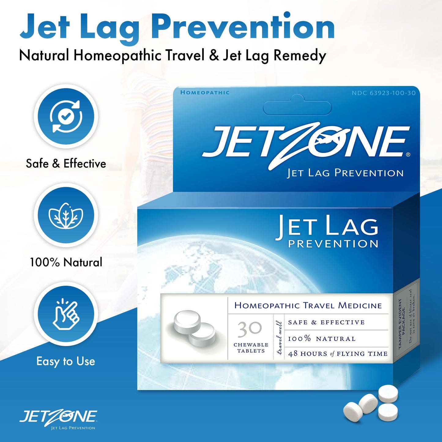 JetZone Jet Lag Remedy - Homeopathic Travel Aid – Trusted for Over 15 Years - Immune Health – Circadian Rhythm - Fatigue – Exhaustion – Tired - Can't Sleep – Good for 48hrs Flying Time - 30 Chewables