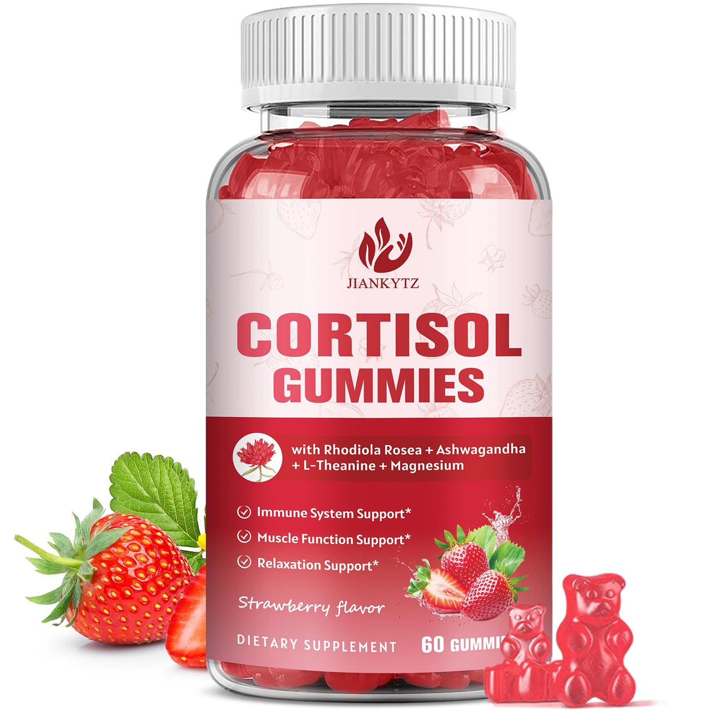 JIANKYTZ Cortisol Gummies for Women – Ashwagandha, Rhodiola, L-Theanine, Magnesium, Vitamin D3 | 60 Vegan Gummies