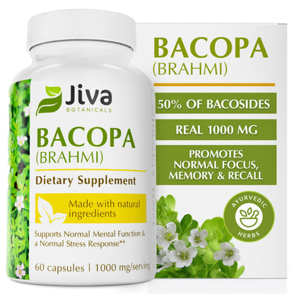 Jiva Botanicals Bacopa Monnieri 1000mg – Focus & Memory Support (60 Capsules)