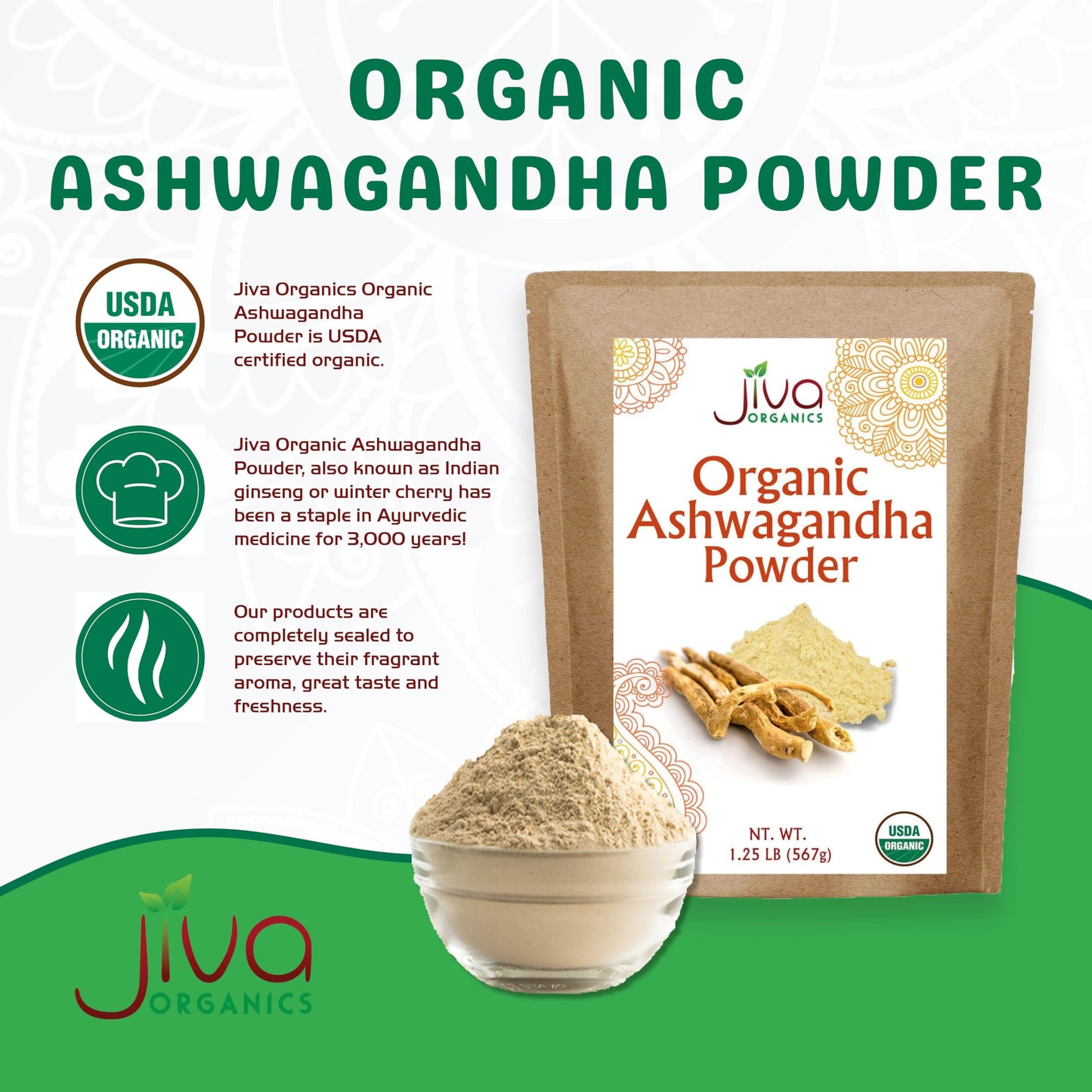 Jiva Organics Ashwagandha Root Powder 20oz – Organic, Raw, Non-GMO, Lab Tested