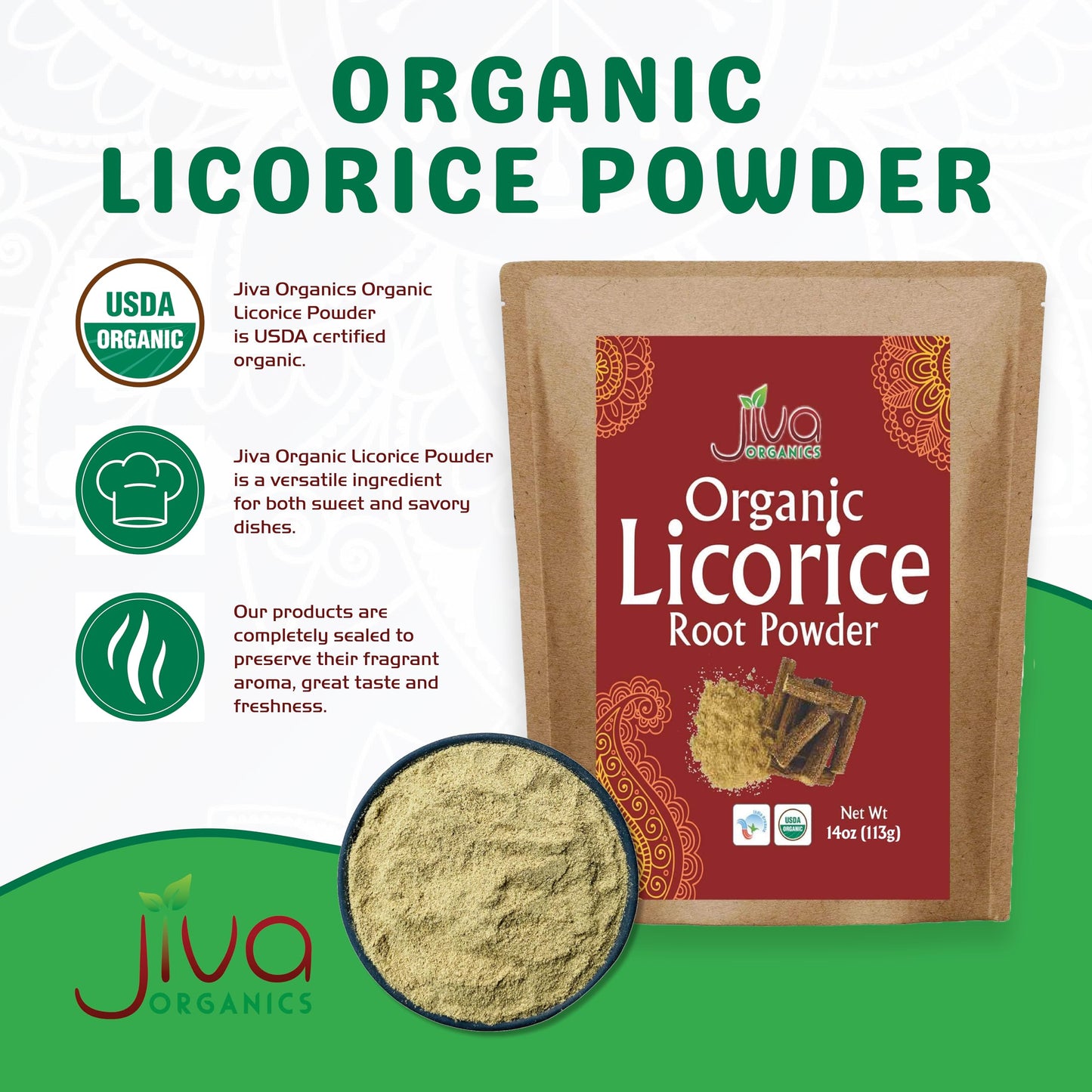 Jiva Organics Licorice Root Powder 14 oz Bulk Bag – Glycyrrhiza glabra, Non-GMO, Organic