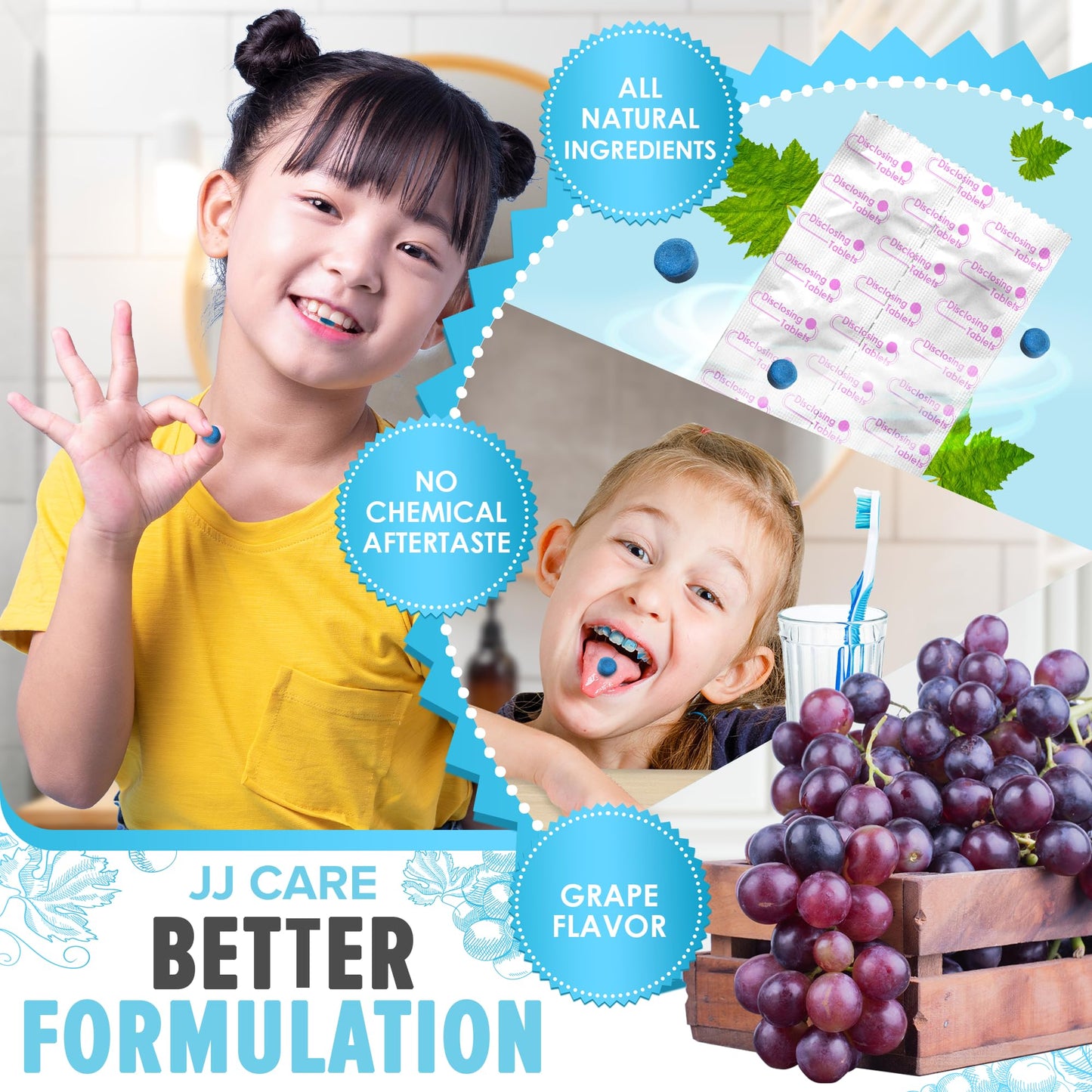 JJ Care Disclosing Tablets – 102 Count, Grape Flavor for Kids