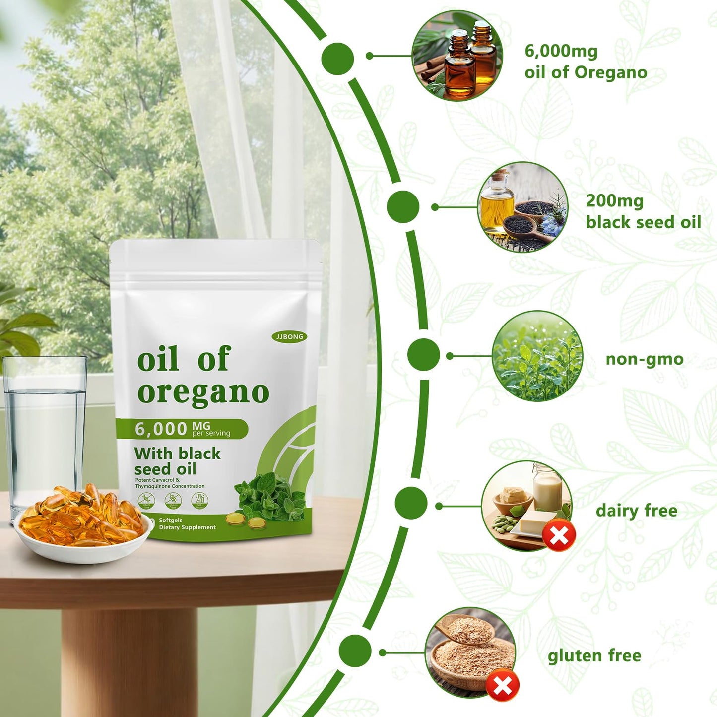 JJBONG Oil of Oregano with Black Seed Oil – 6000 mg, 300 Softgels, Immune Support