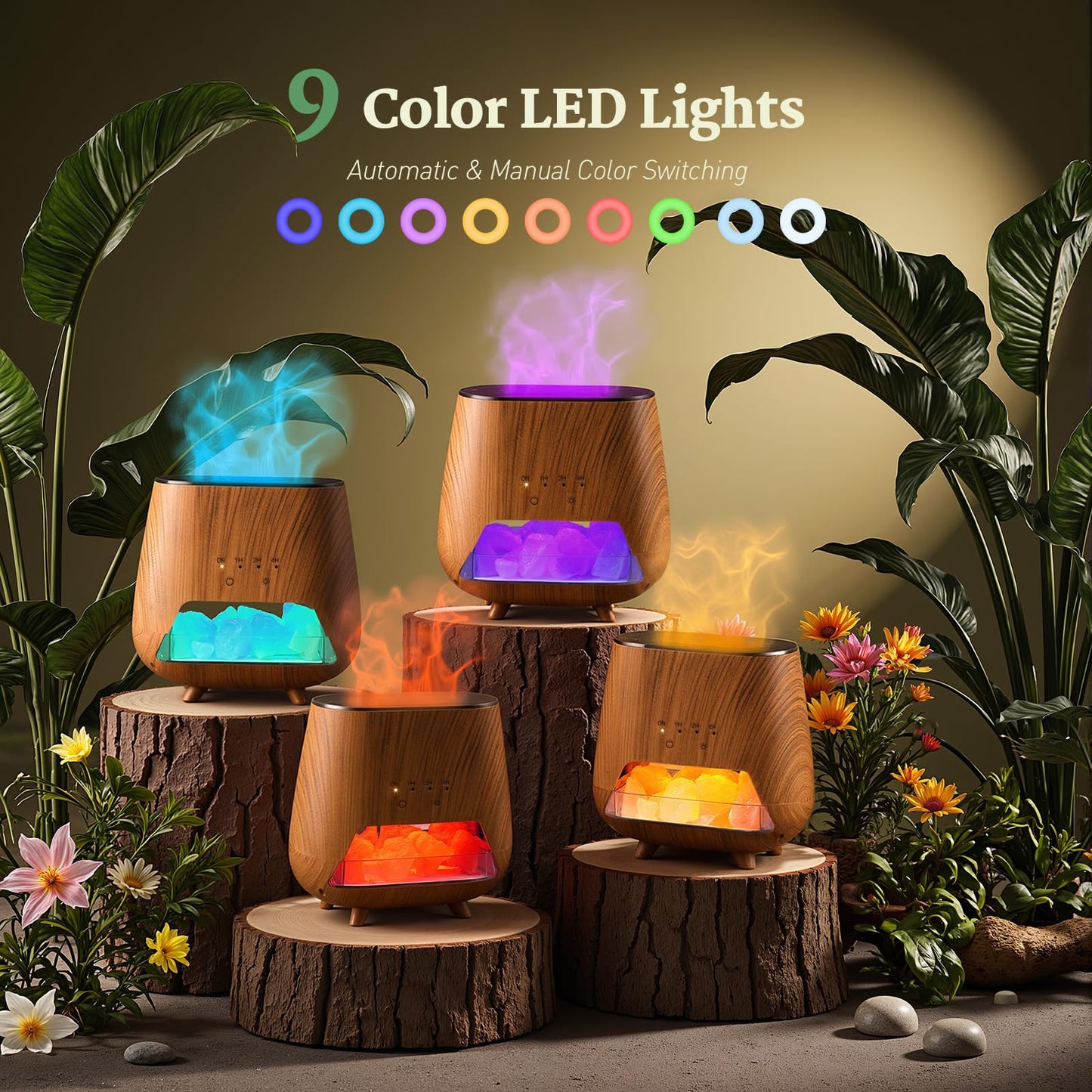 JJNJJN Essential Oil Diffuser for Home | 200ml Humidifier with Himalayan Pink Salt Lamp, 9-Color LED Night Light & Auto Off