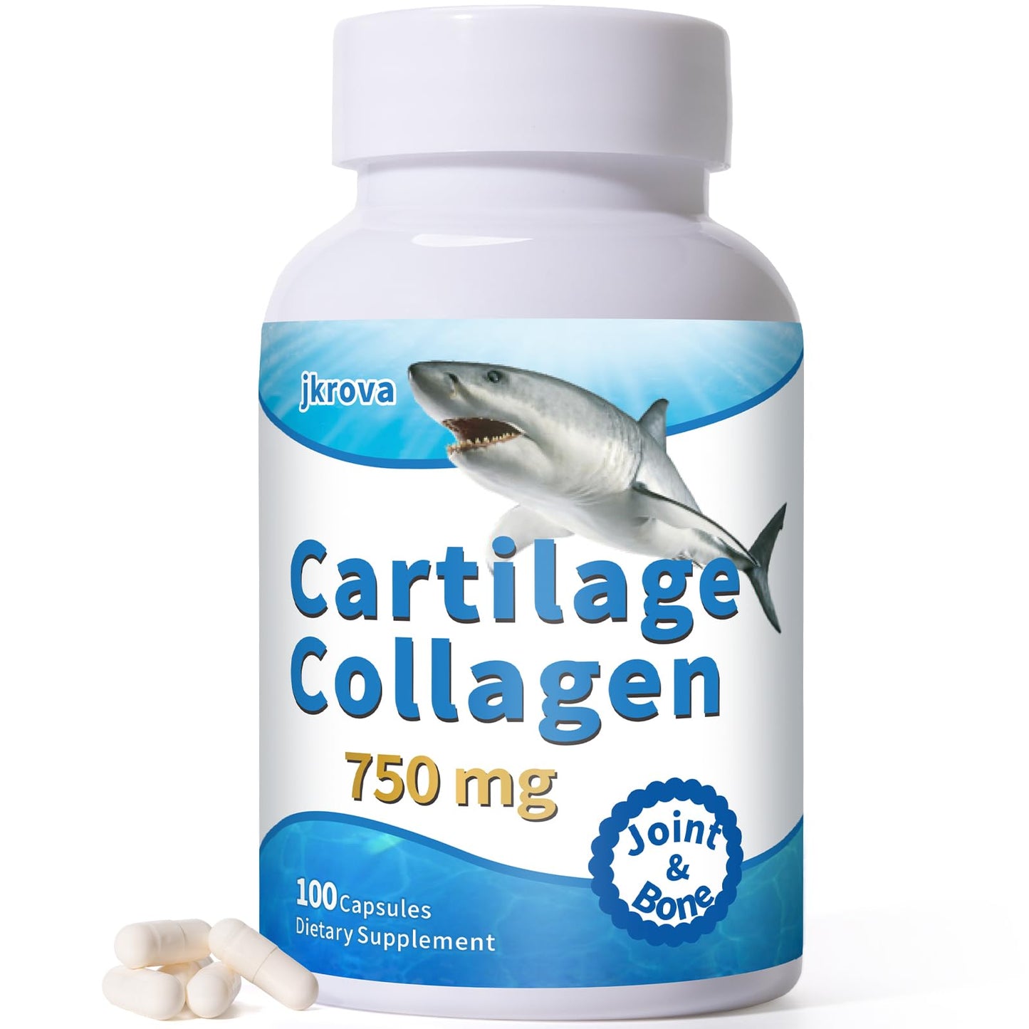 Jkrova Cartilage 750mg - Joint and Bone Support with Glucosamine and Collagen (100 capsules)