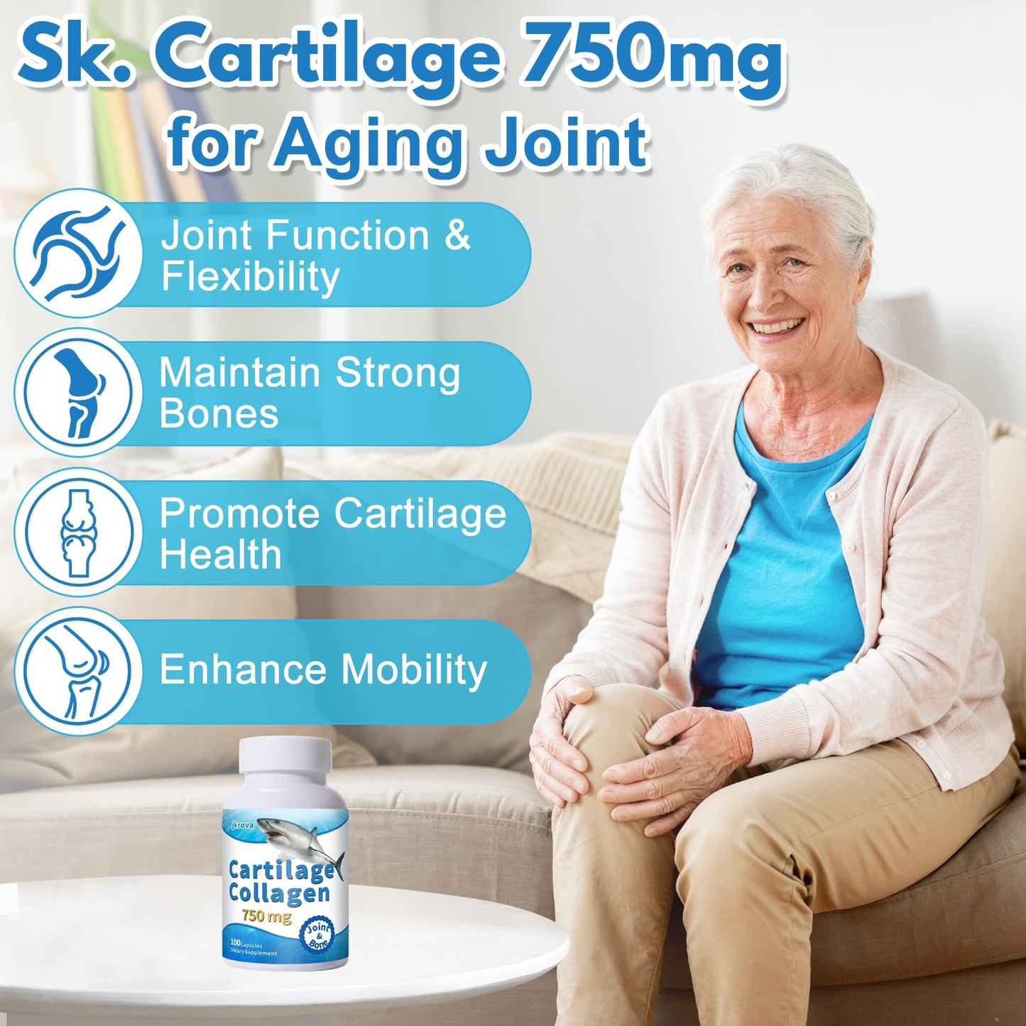 Jkrova Cartilage 750mg - Joint and Bone Support with Glucosamine and Collagen (100 capsules)