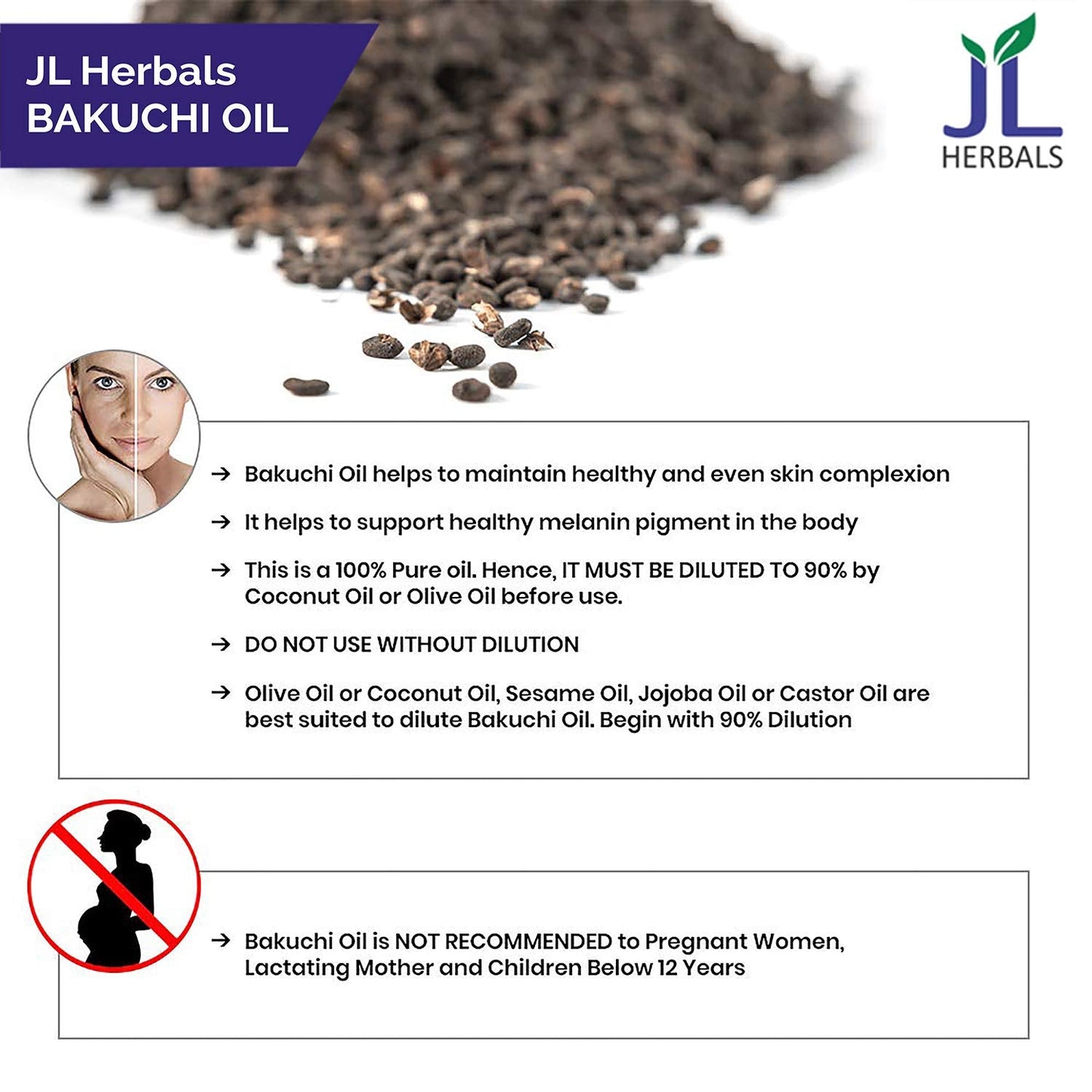 JL Herbals Bakuchi Oil 100ml (3.5 fl oz) | Pure Cold-Pressed Babchi Oil (Psoralea corylifolia)