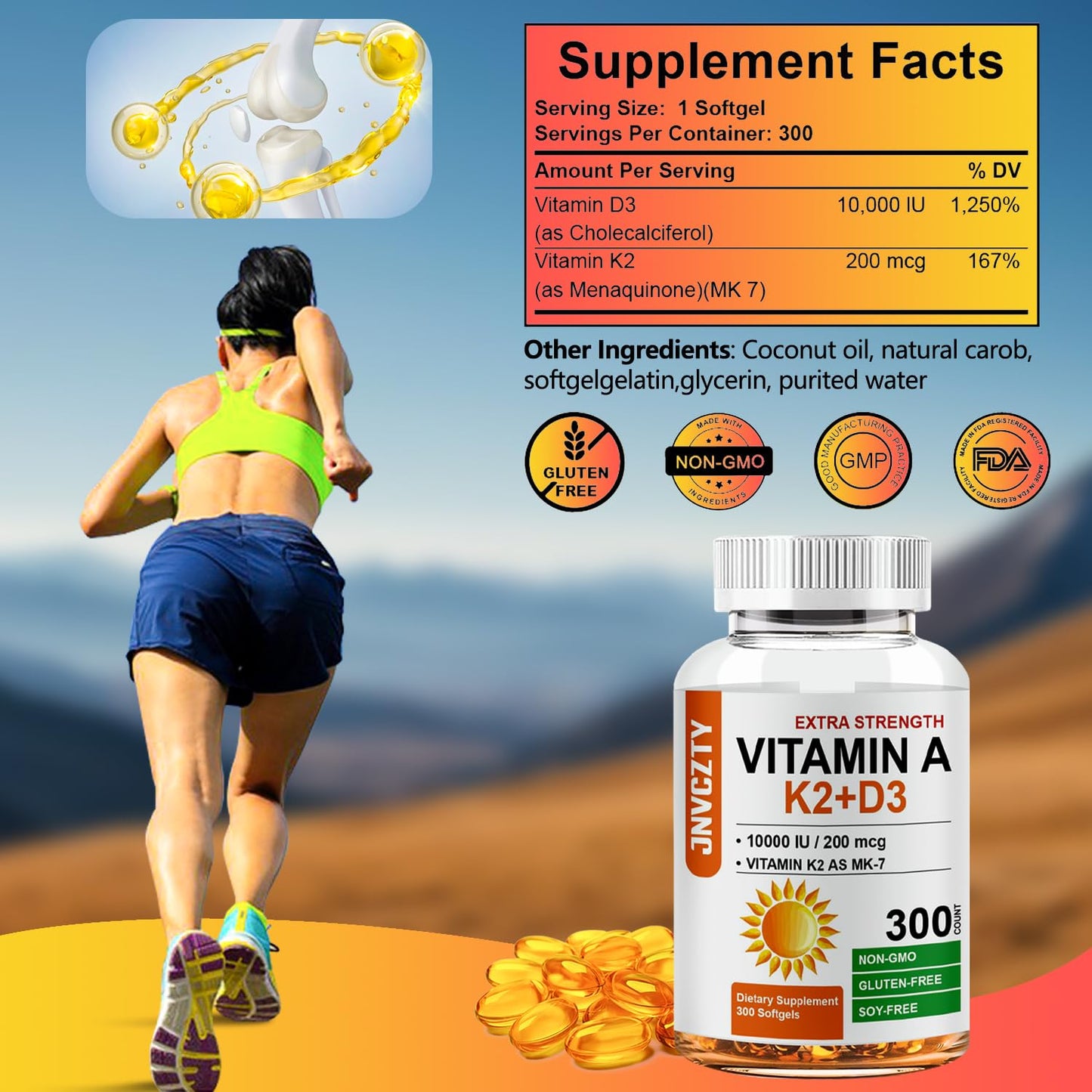 JNVCZTY Vitamin D3 K2 Supplement – 10000 IU D3, MK-7 K2, 300 Softgels