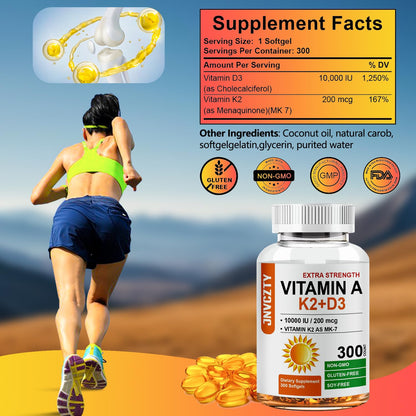 JNVCZTY Vitamin D3 K2 Supplement – 10000 IU D3, MK-7 K2, 300 Softgels