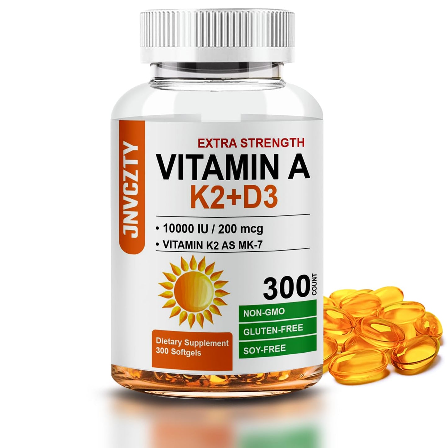 JNVCZTY Vitamin D3 K2 Supplement – 10000 IU D3, MK-7 K2, 300 Softgels