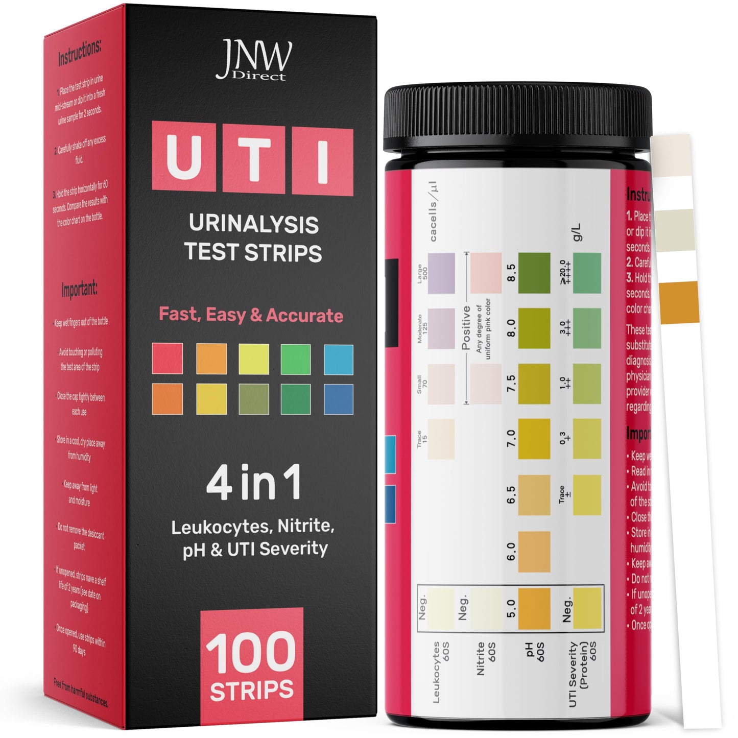 JNW Direct 4-in-1 UTI Test Strips – 100ct | 60-Second Home Urinalysis