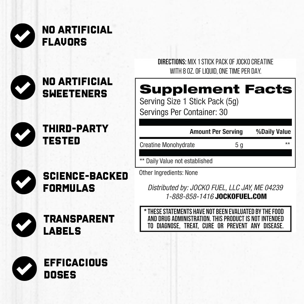 Jocko Fuel Creatine Stick Packs – Travel-Size Creatine Monohydrate, 30 Servings, Unflavored