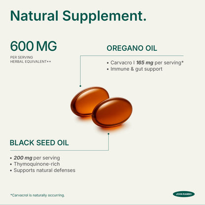 JOHN RAMBO Oil of Oregano with Black Seed Oil, 300 Softgels, 150-Day Supply, 165mg Carvacrol & 200mg Thymoquinone, 4X Strength Oregano Oil Capsules, Immune & Respiratory Support