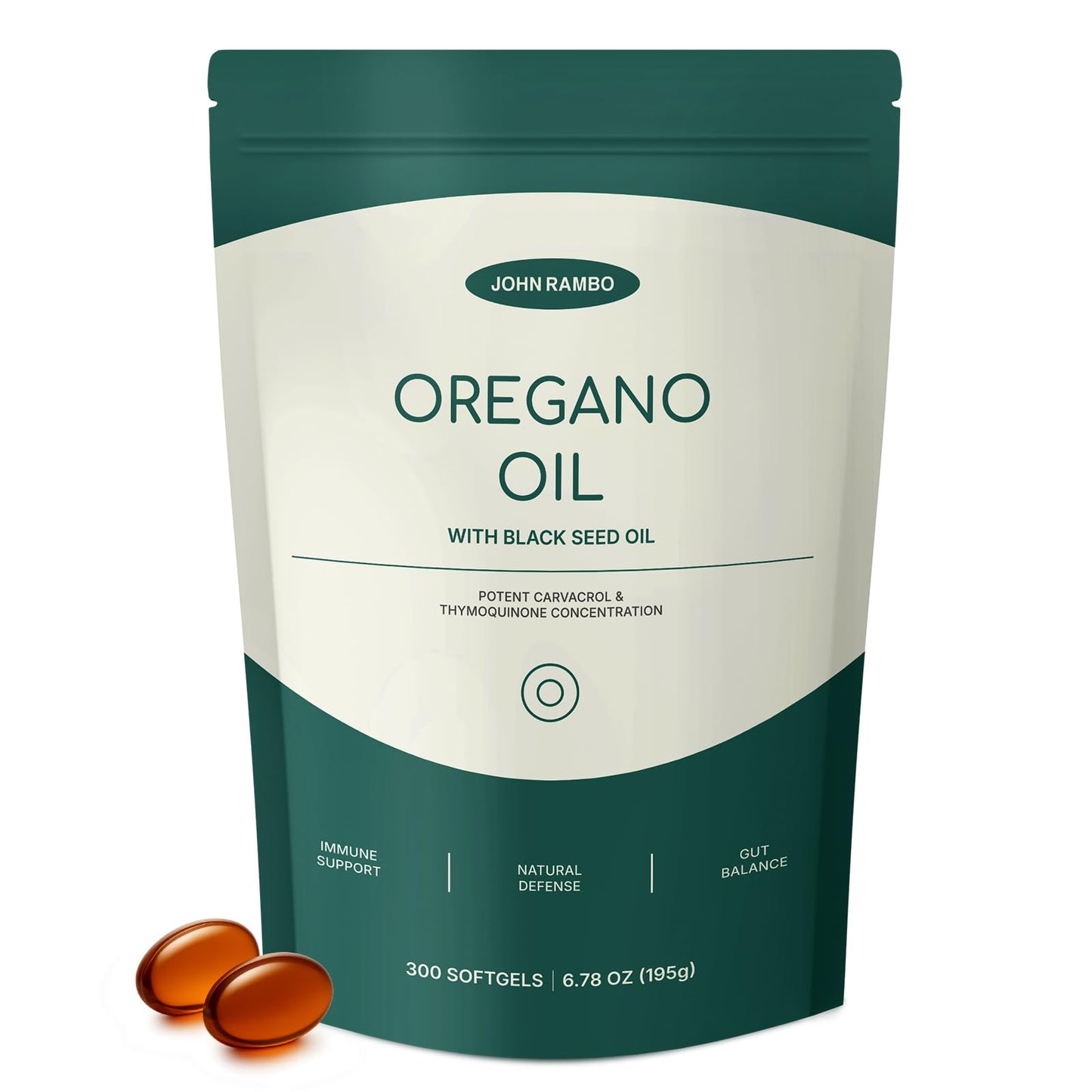 JOHN RAMBO Oil of Oregano with Black Seed Oil, 300 Softgels, 150-Day Supply, 165mg Carvacrol & 200mg Thymoquinone, 4X Strength Oregano Oil Capsules, Immune & Respiratory Support