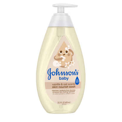 Johnson's Skin Nourishing Moisture Baby Wash – Vanilla & Oat, Tear-Free, Hypoallergenic | 20.3 fl oz