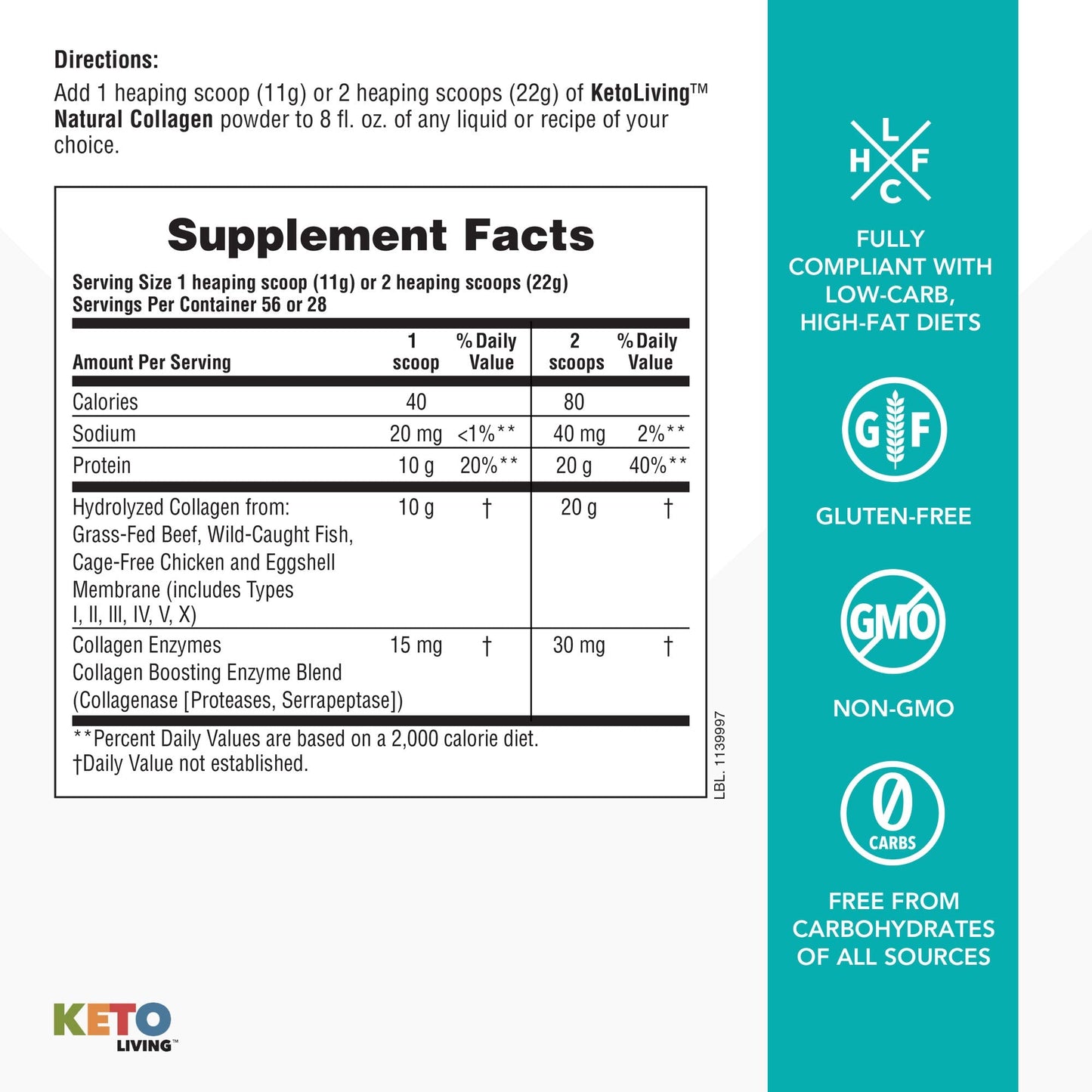 NaturesPlus KetoLiving Natural Collagen Unflavored - 1.36 lb Tub | Ketogenic Protein Powder for Immune & Gut Health, Joints, Hair, Skin & Nails