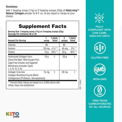NaturesPlus KetoLiving Natural Collagen Unflavored - 1.36 lb Tub | Ketogenic Protein Powder for Immune & Gut Health, Joints, Hair, Skin & Nails