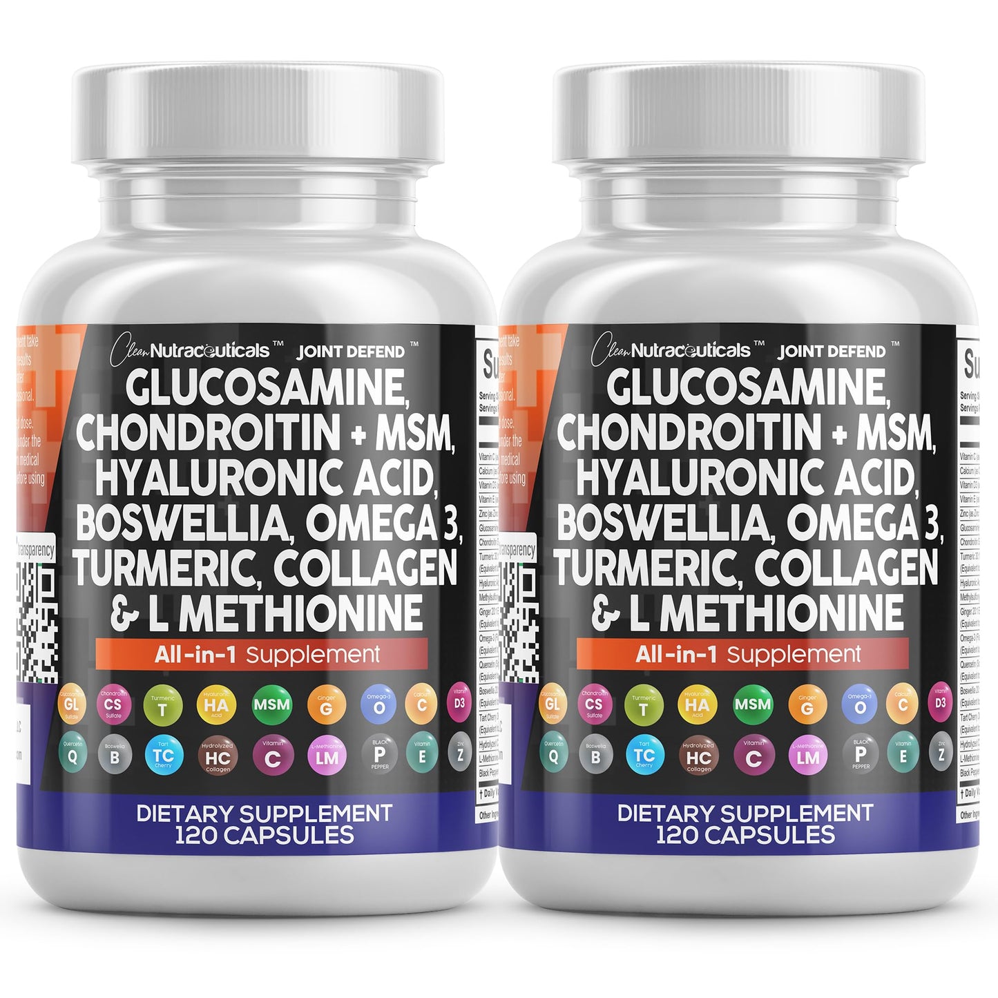 Clean Nutraceuticals Joint Defend – 15-in-1 Joint Health Capsule (Glucosamine 1500mg, Turmeric Curcumin, MSM, Collagen, Hyaluronic Acid, Omega-3) Pack of 2