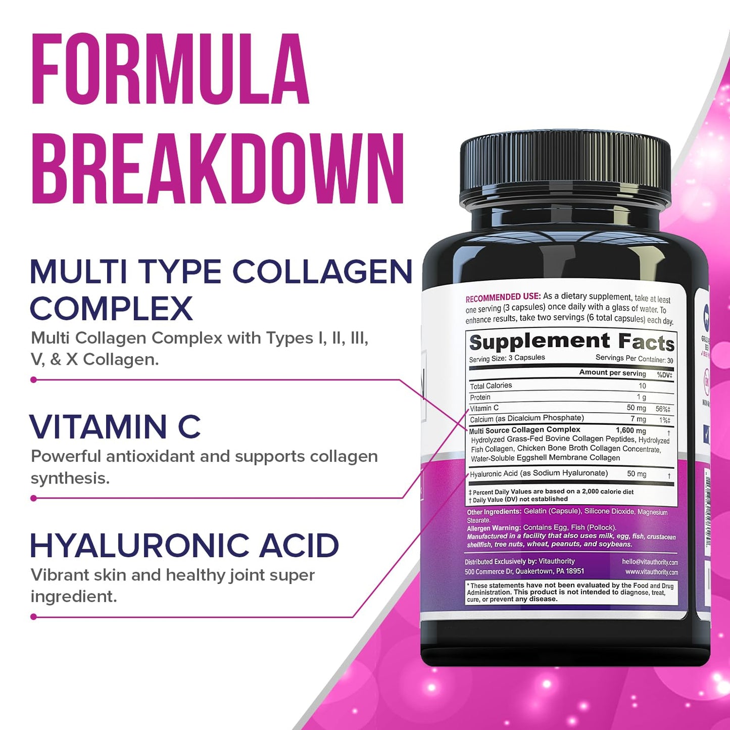 Multi Collagen Peptides for Women – Hydrolyzed Collagen with Vitamin C & Hyaluronic Acid, 30 Servings