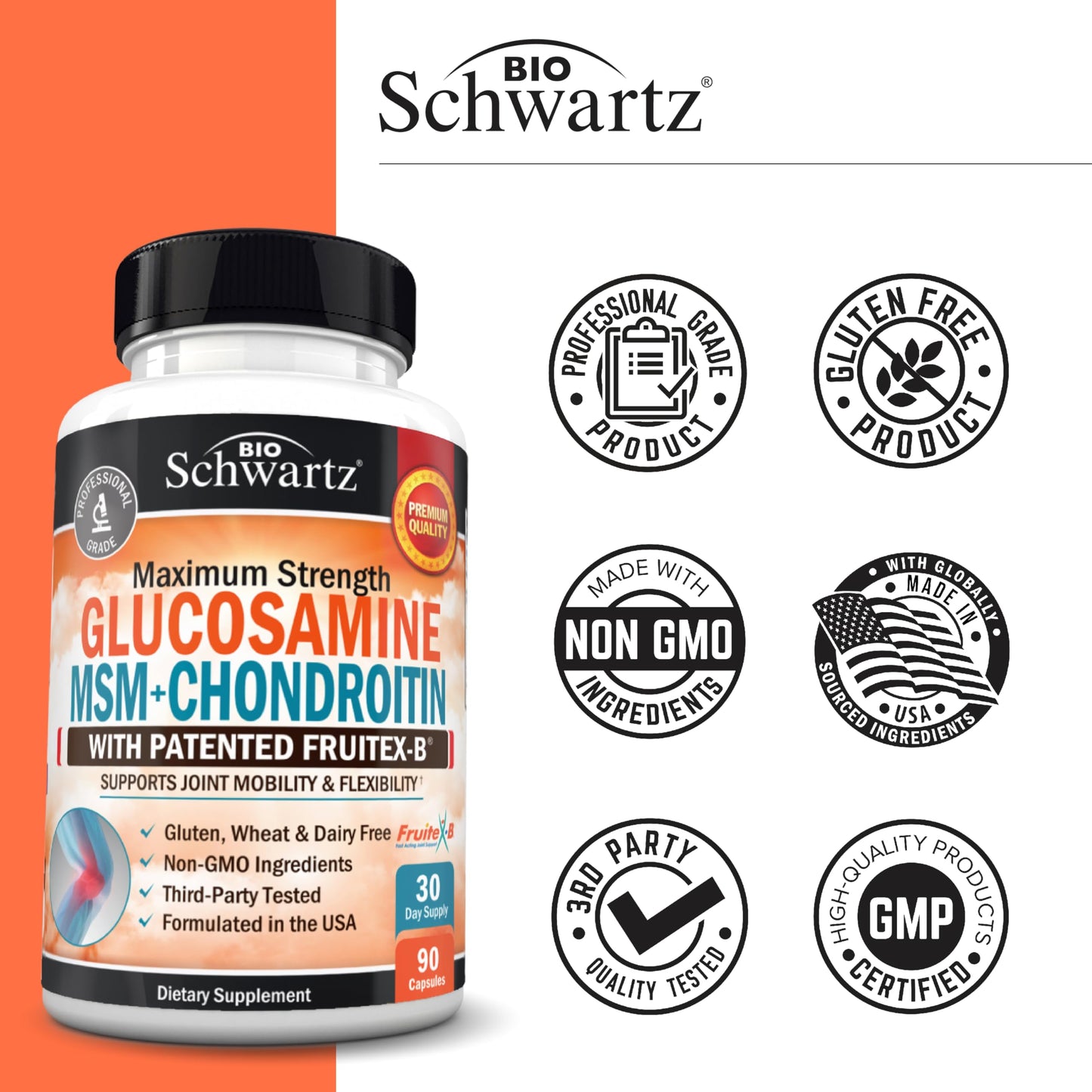 Glucosamine Chondroitin MSM Joint Support – Collagen, Turmeric, Hyaluronic Acid | Gluten Free, Non-GMO 90 Capsules