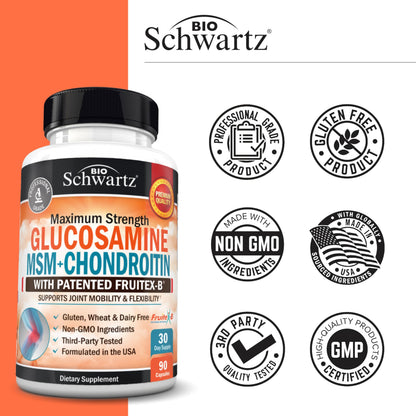 Glucosamine Chondroitin MSM Joint Support – Collagen, Turmeric, Hyaluronic Acid | Gluten Free, Non-GMO 90 Capsules