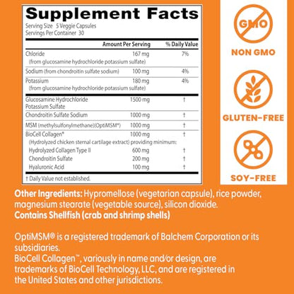 Doctor's Best Glucosamine Chondroitin MSM + Hyaluronic Acid with OptiMSM Featuring Biocell Collagen, 150 Caps | Joint Health & Beauty Support