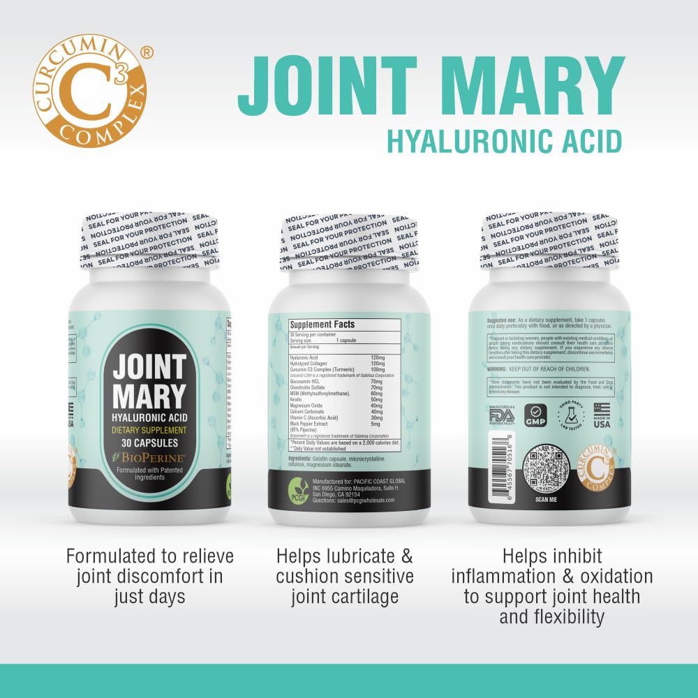 JOINT MARY Hyaluronic Acid Joint Support - Collagen, Turmeric, Glucosamine (30 Caps)