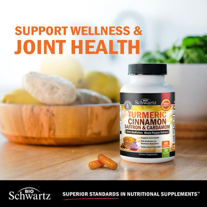 Turmeric Curcumin with Saffron, Cinnamon & Cardamom + BioPerine – Joint Support, 60 Capsules