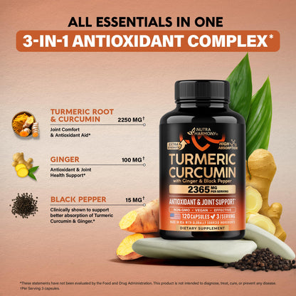 Turmeric Curcumin 2365mg with Ginger & Black Pepper – 120 Capsules – Made in USA