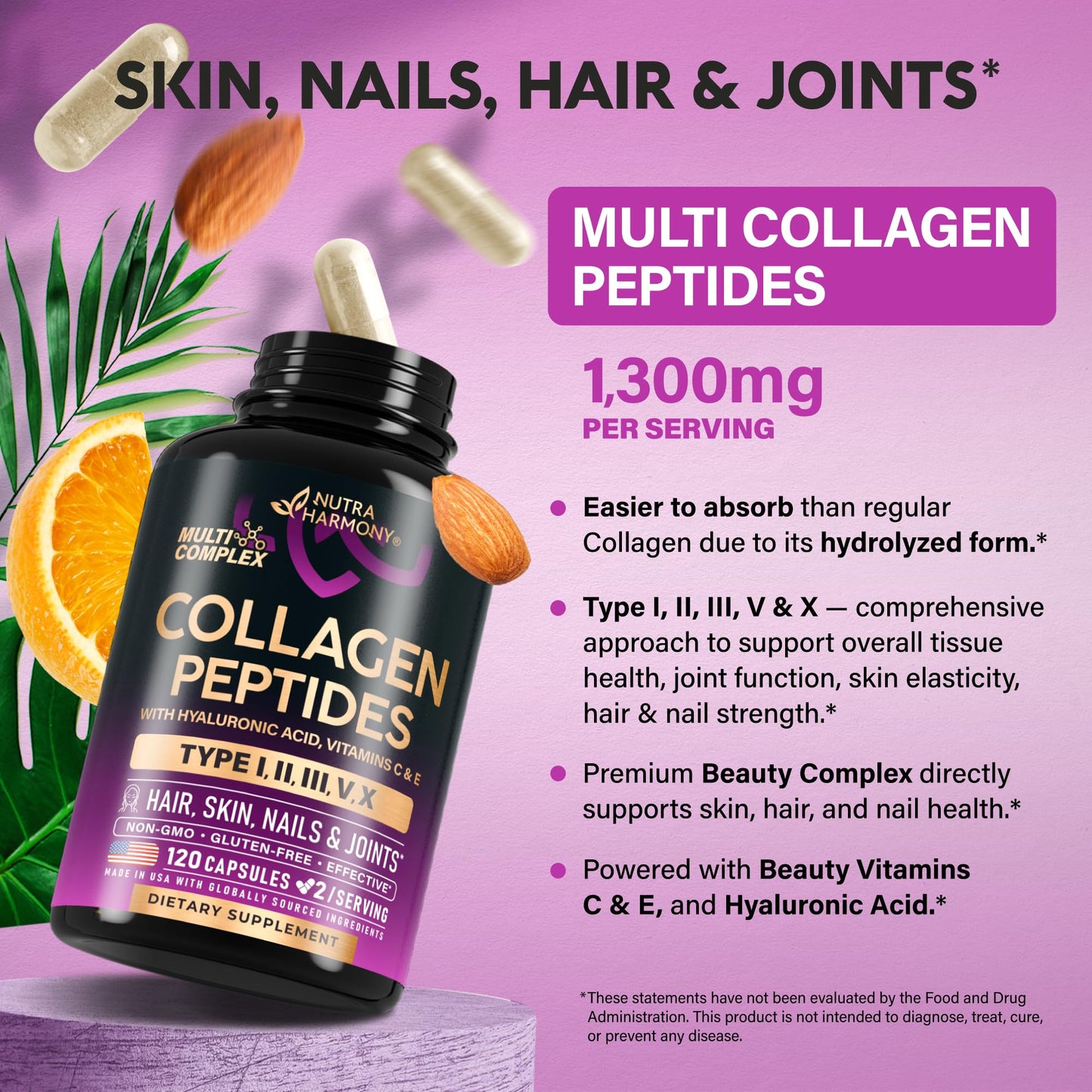 Multi Collagen Peptides 1300mg + Hyaluronic Acid | Skin, Hair, Nails & Joints - Made in USA