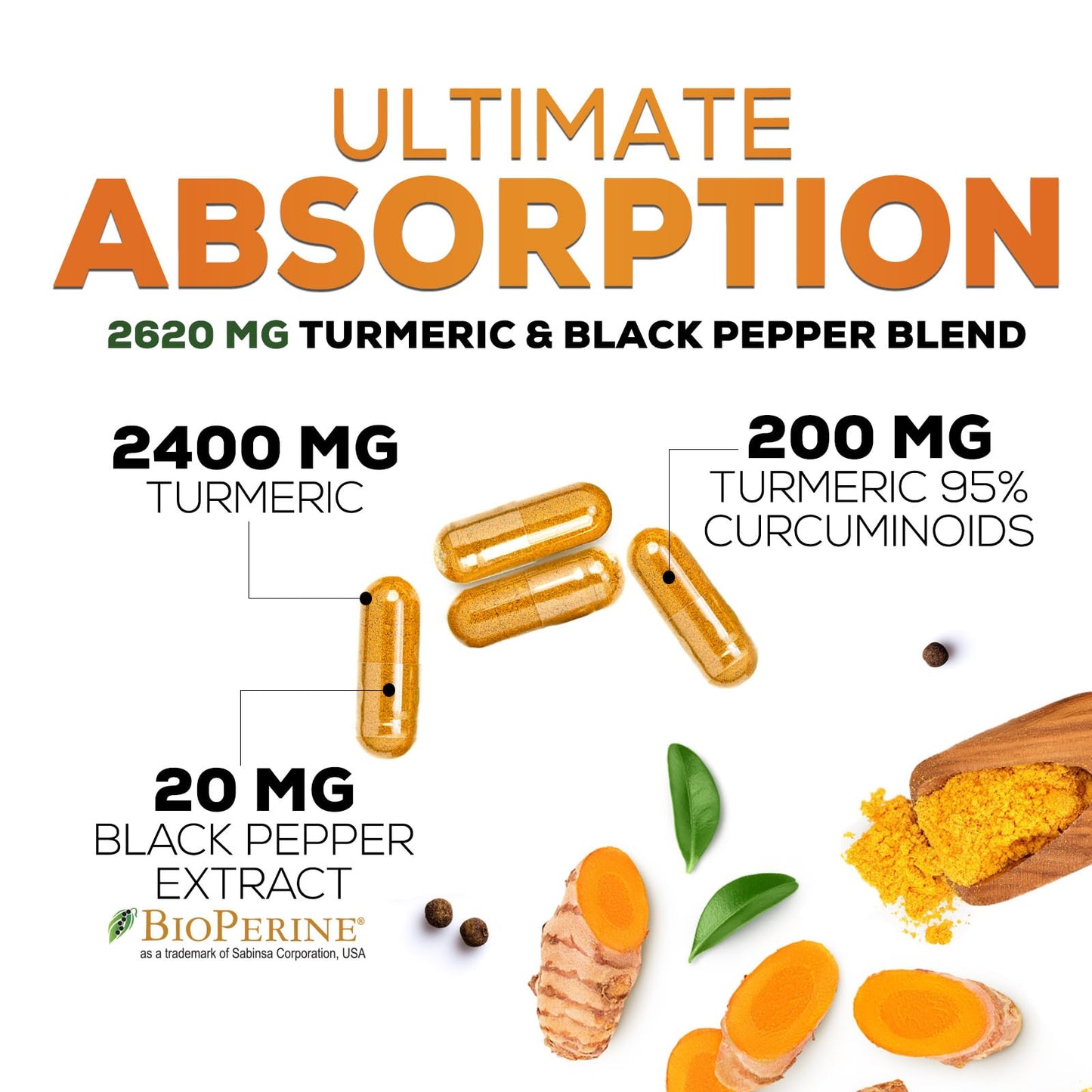 Turmeric Curcumin 2600mg with BioPerine – 95% Curcuminoids | Organic Turmeric, Vegan, Non-GMO | 60 Capsules | Made in USA