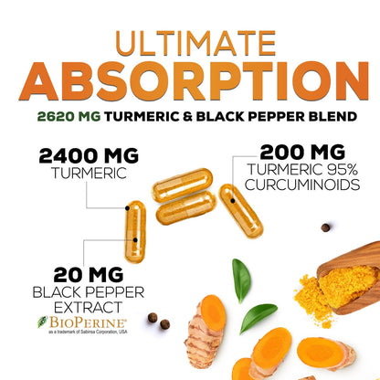 Turmeric Curcumin 2600mg with BioPerine – 95% Curcuminoids | Organic Turmeric, Vegan, Non-GMO | 60 Capsules | Made in USA