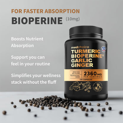 4-in-1 Turmeric & Garlic Supplements with BioPerine – 2360mg Turmeric Capsules (120 ct)