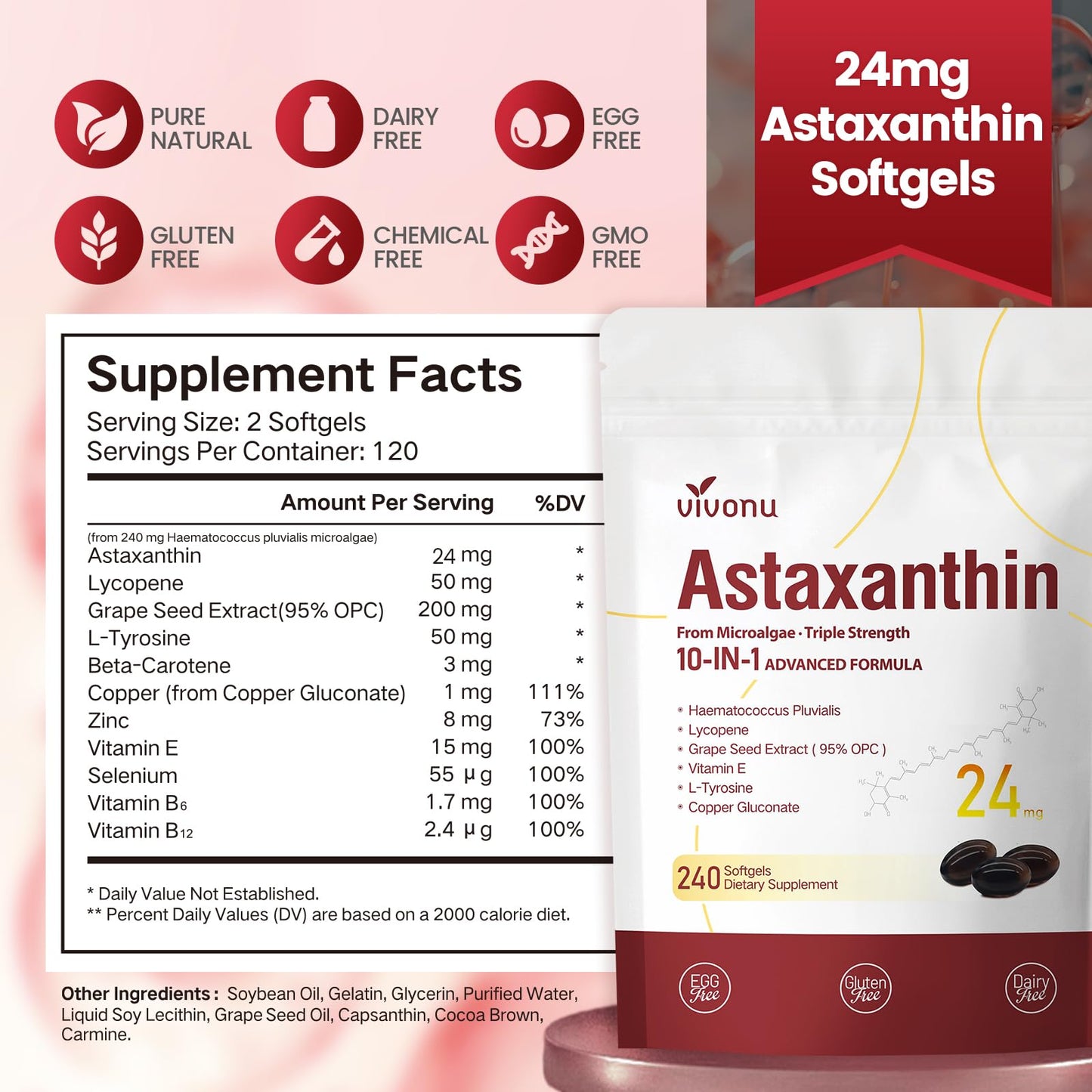 10 in 1 Astaxanthin Supplements 24mg – 4 Month Supply from Haematococcus Pluvialis
