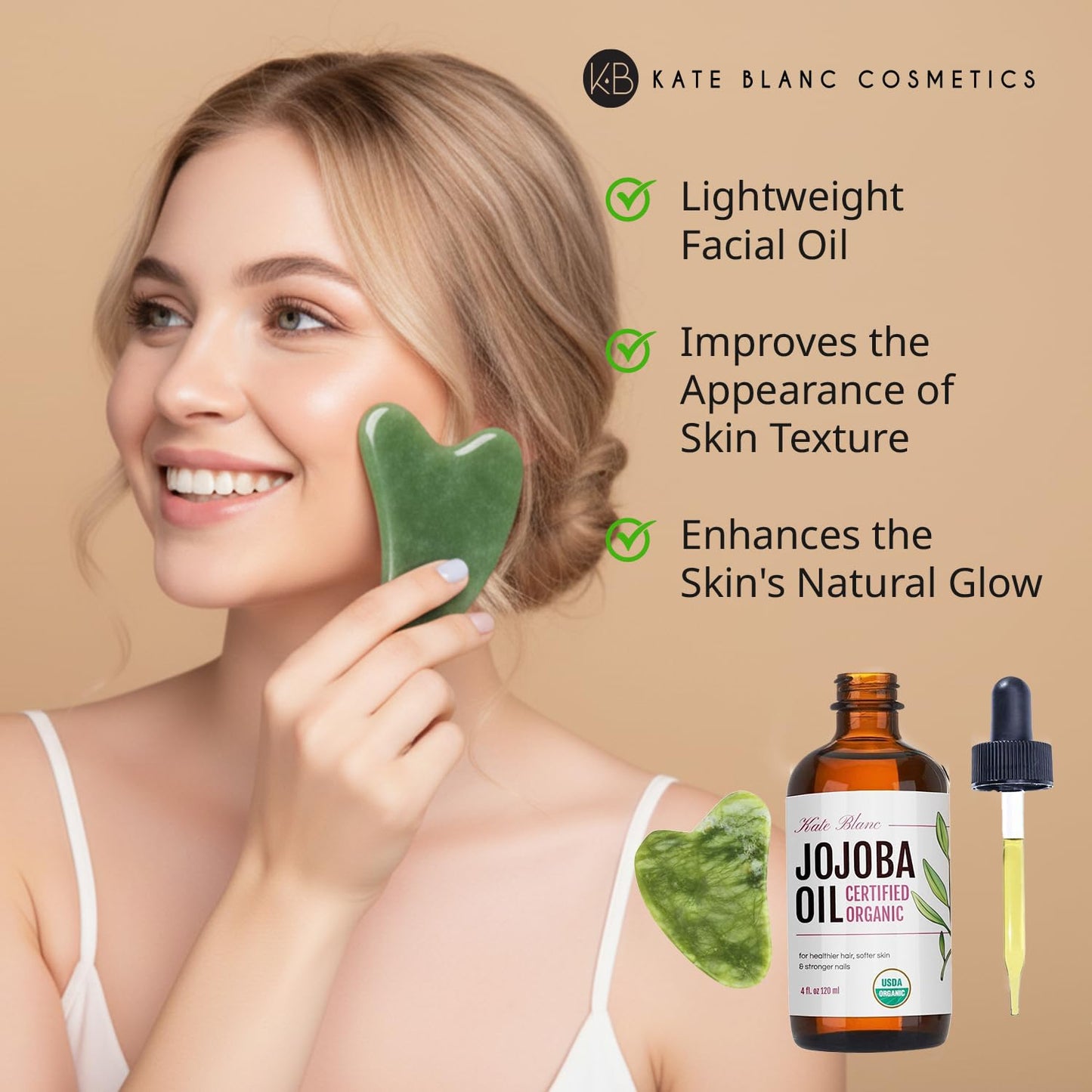 Kate Blanc Jojoba Oil for Hair, Skin & Face with Gua Sha Stone Kit (4oz, Organic)