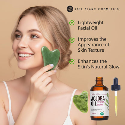 Kate Blanc Jojoba Oil for Hair, Skin & Face with Gua Sha Stone Kit (4oz, Organic)