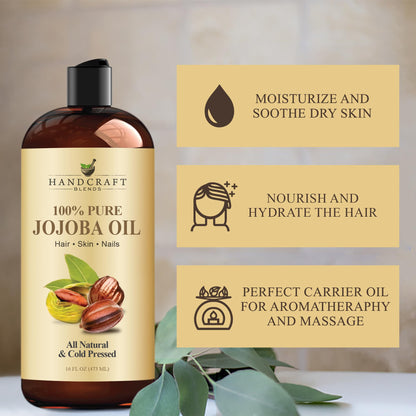 Handcraft Blends Jojoba Oil - Cold-Pressed 16 Oz - 100% Pure & Natural Premium Carrier Oil for Skin & Hair