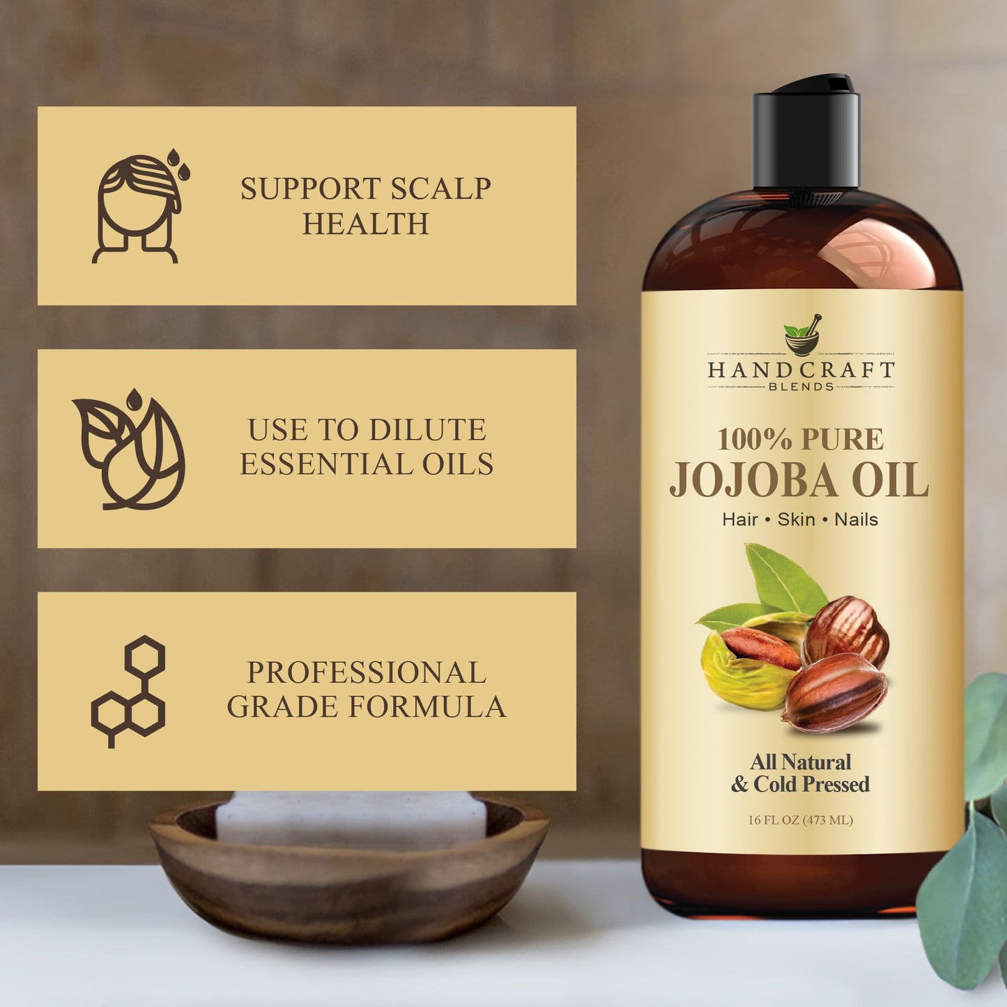 Handcraft Blends Jojoba Oil - Cold-Pressed 16 Oz - 100% Pure & Natural Premium Carrier Oil for Skin & Hair