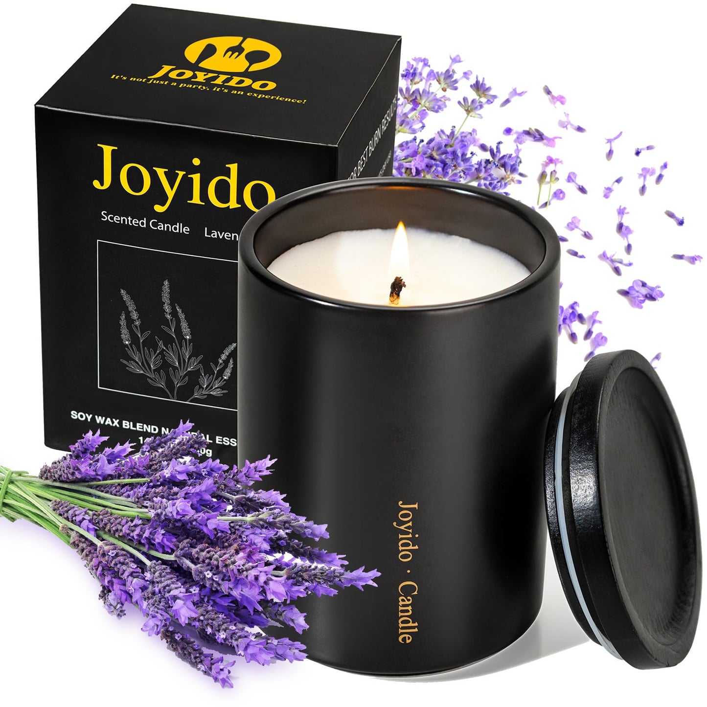 Joyido 14oz Lavender Scented Candle – Soy Wax, Black Ceramic Jar