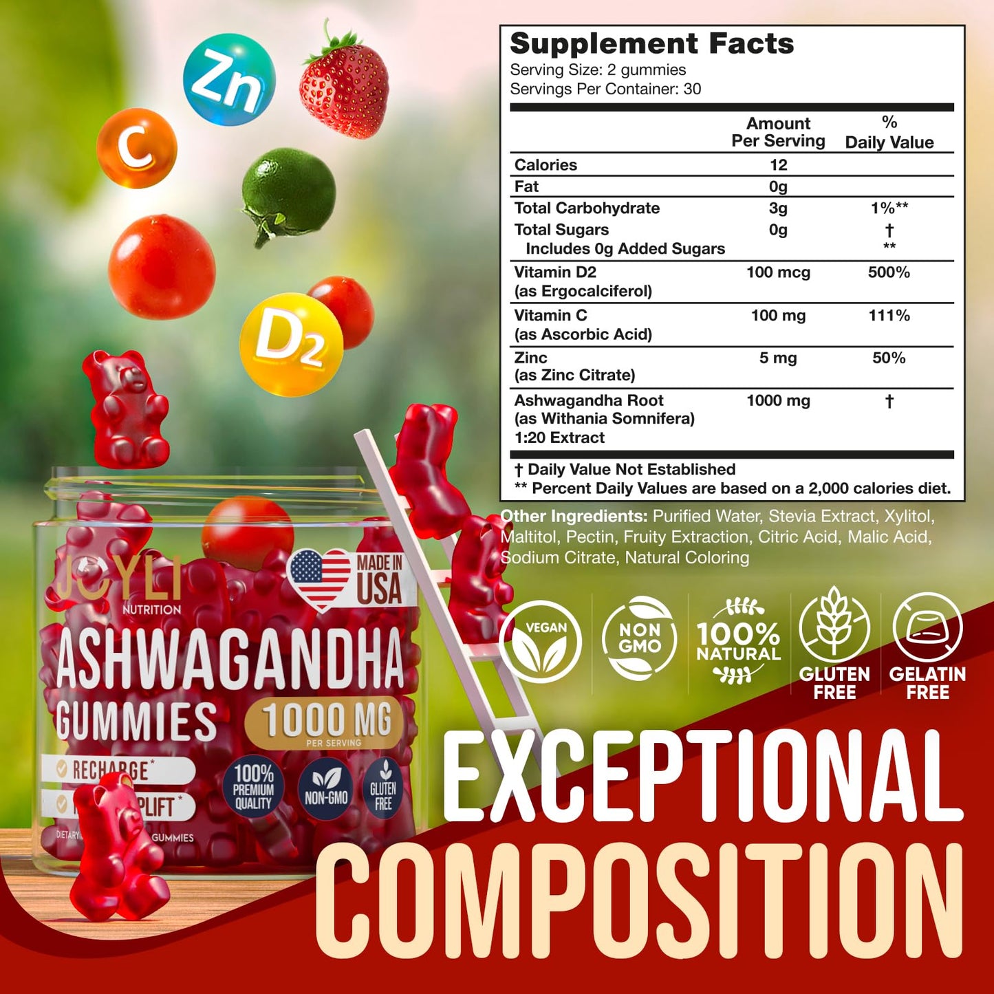 Ashwagandha Gummies for Women & Men - Natural Calm Gummies with Ashwagandha, Vitamin C & Zinc | 60 Vegan Sugar-Free Chews