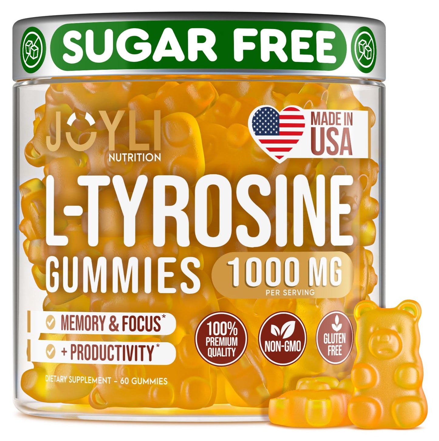 Joyli L Tyrosine Gummies 1000mg - Focus, Mood & Energy | Vegan, Gluten-Free