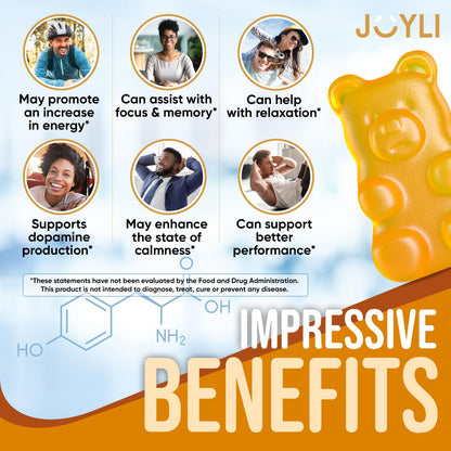 Joyli L Tyrosine Gummies 1000mg - Focus, Mood & Energy | Vegan, Gluten-Free