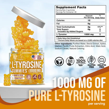 Joyli L Tyrosine Gummies 1000mg - Focus, Mood & Energy | Vegan, Gluten-Free